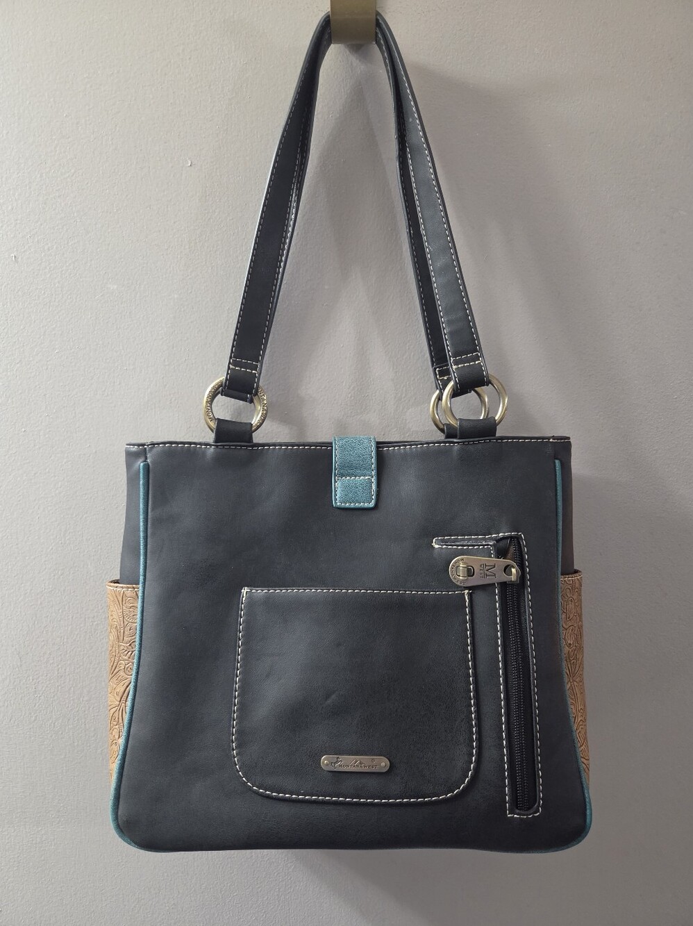 Montana West Conceal Carry Teal Tooled Floral Tote Bag with Buckle Strap - Picture 14 of 15